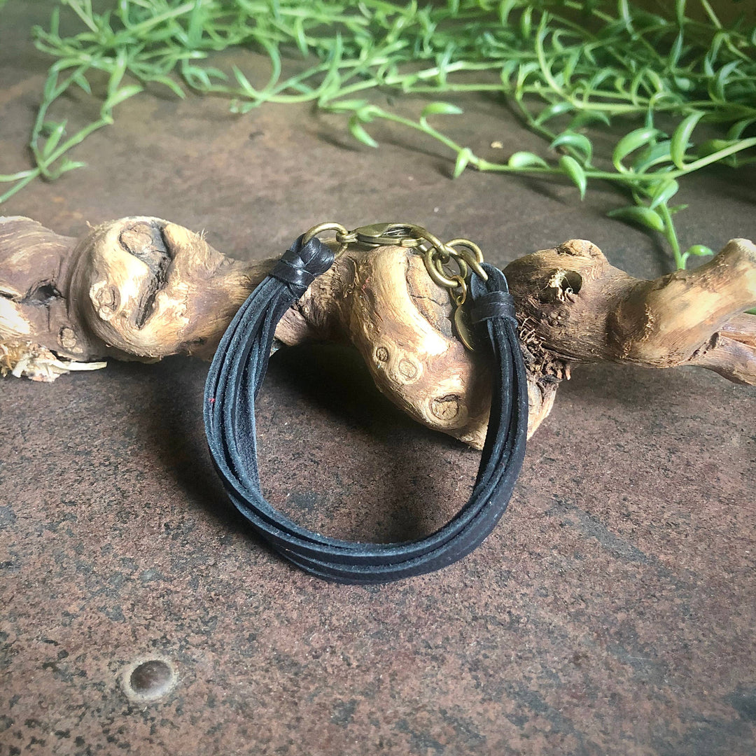 Leather 7-Strand Bracelet-Black & Brass, Boho Western