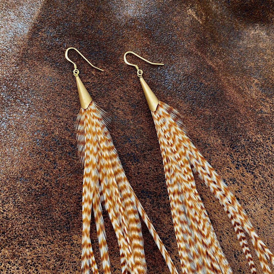 Earrings-Long Feather & Cone-Ginger Grizzly/Gold, Western