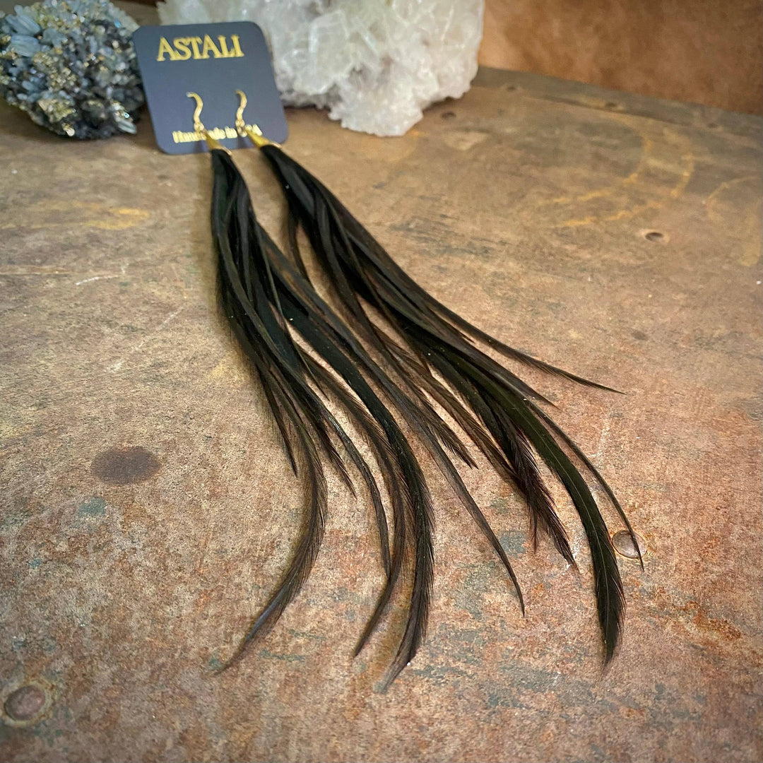 Earrings-Long Feather & Cone-Black/Gold, Boho Western