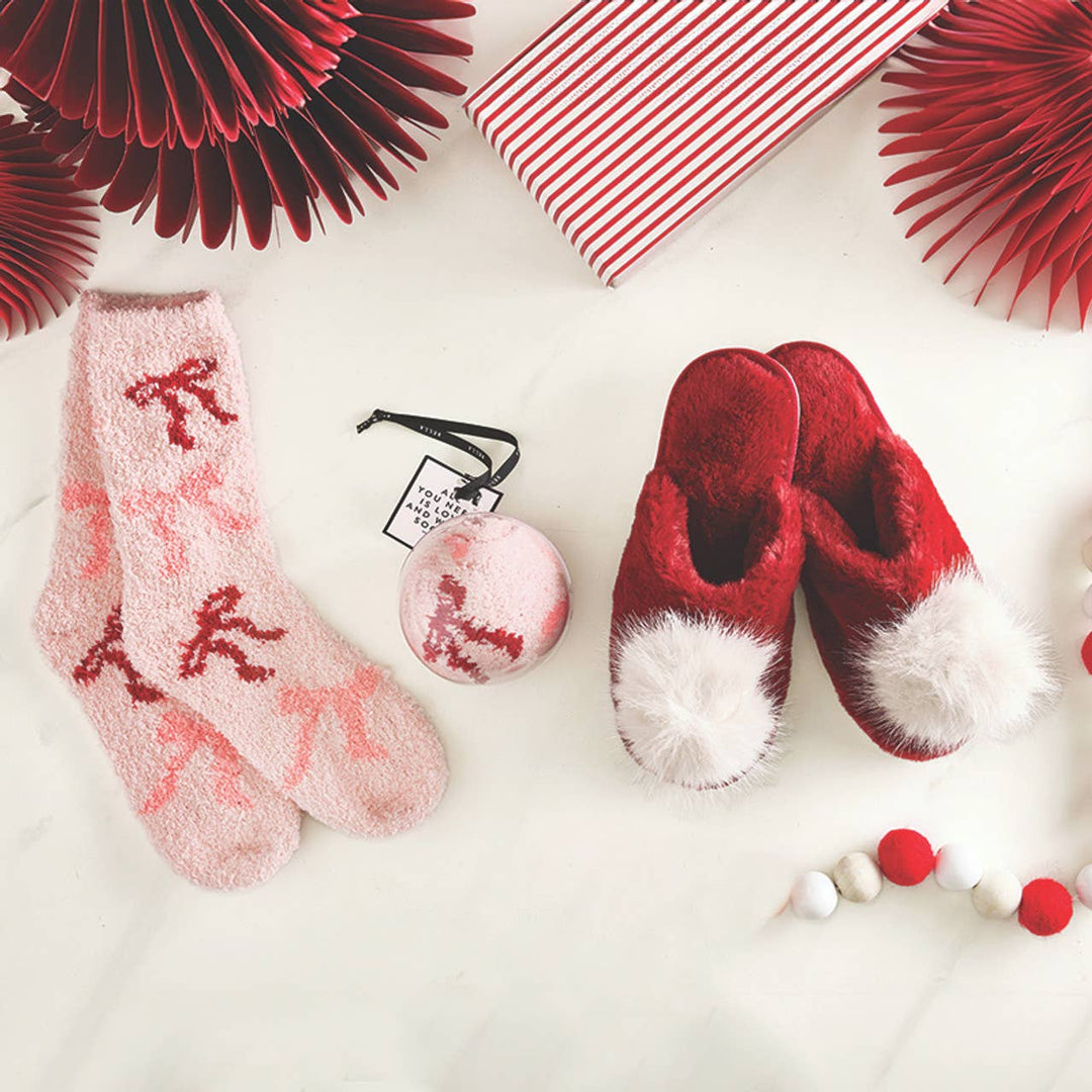 Plush Slippers - Burgundy + Beige Pom Pom