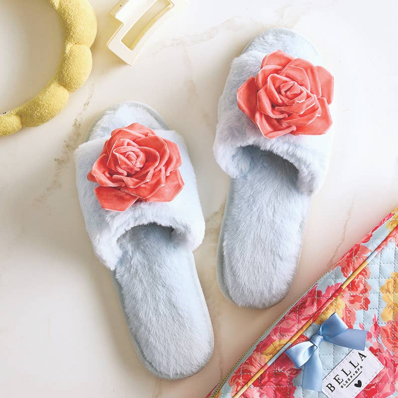 Velvet Rosette Slippers - Blue + Coral Velvet Rosette