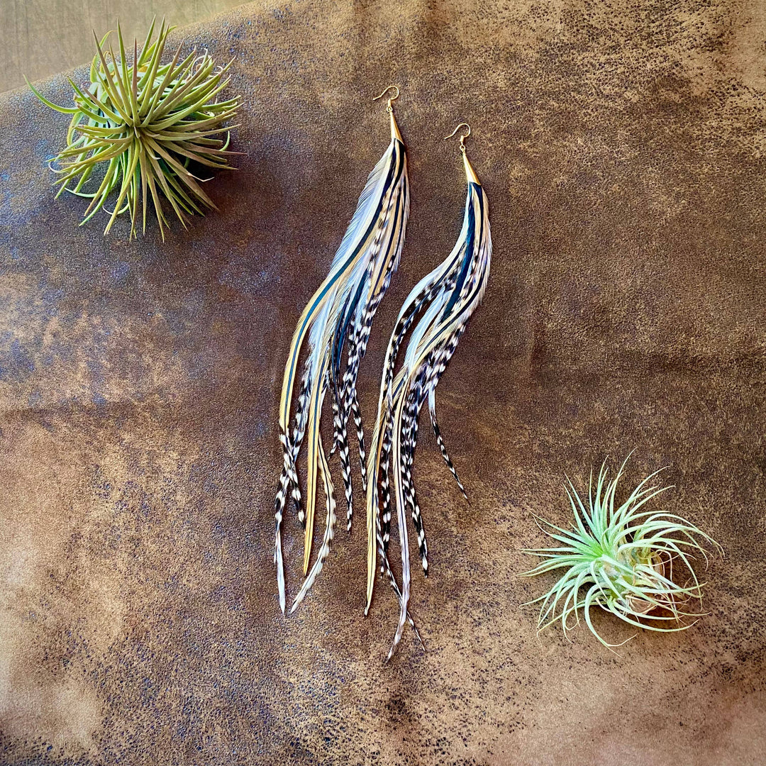 Earrings-FREEBIRDS COLLECTION: Cone Feather-Golden Black Grizzly