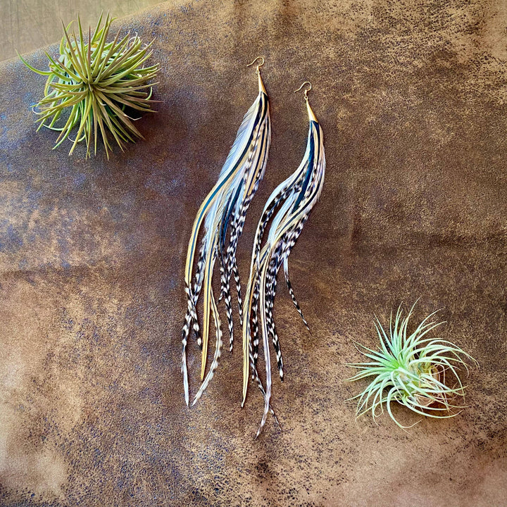 Earrings-FREEBIRDS COLLECTION: Cone Feather-Golden Black Grizzly