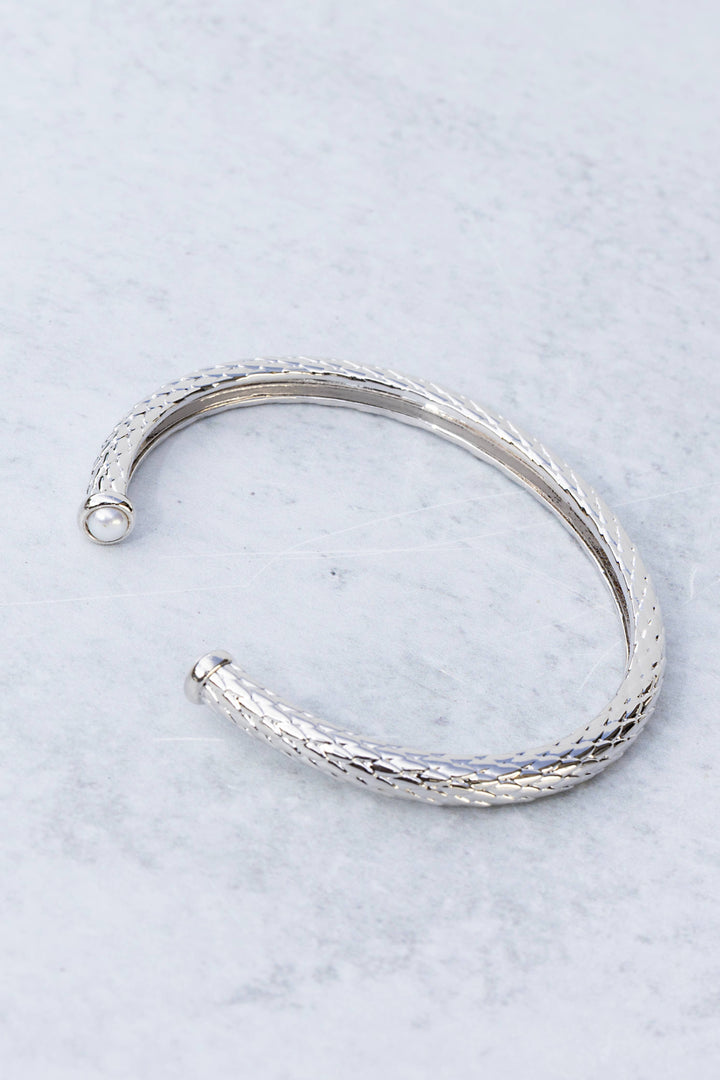 Bracelet-Sterling Silver + Pearl Bali Open Slim Gemstone Bangle