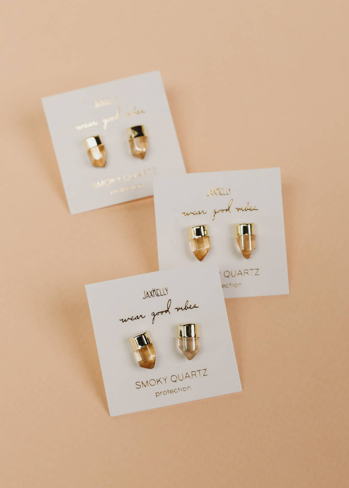 Earrings-Gold Dip Smoky Quartz Point