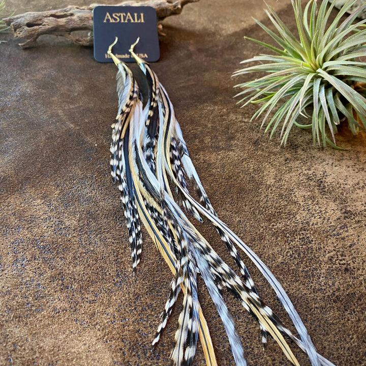 Earrings-FREEBIRDS COLLECTION: Cone Feather-Golden Black Grizzly