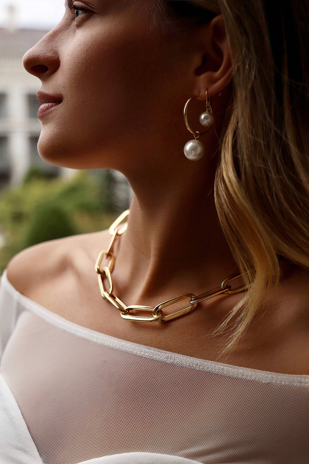 E1609G Gold Earrings-Oversized Audrey Pearl Hoops