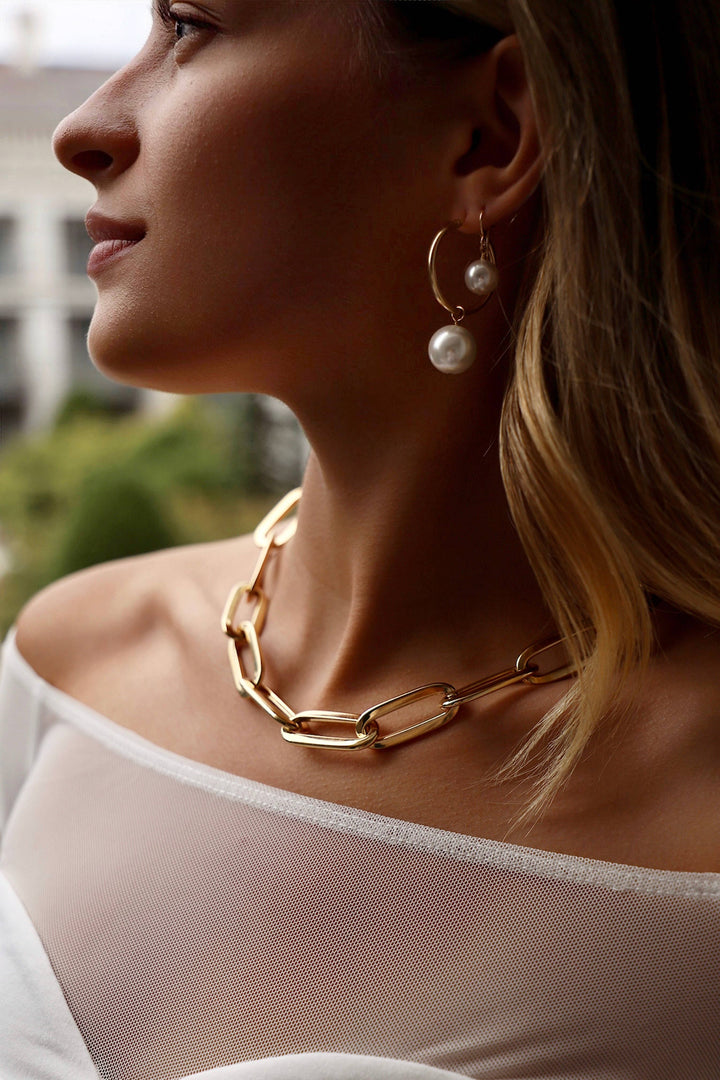 E1609G Gold Earrings-Oversized Audrey Pearl Hoops
