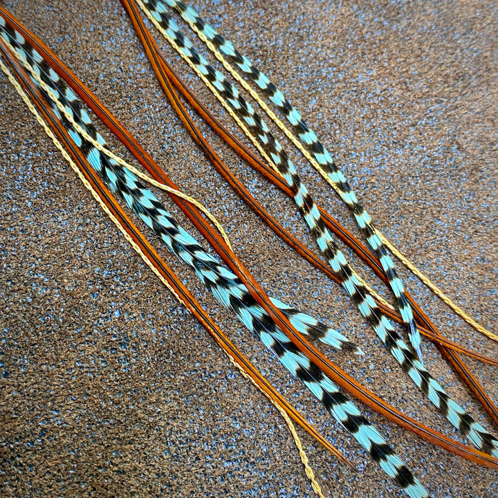 Astali Earrings-Turquoise & Mini Feather-Teal Grizzly & Fawn/Gold