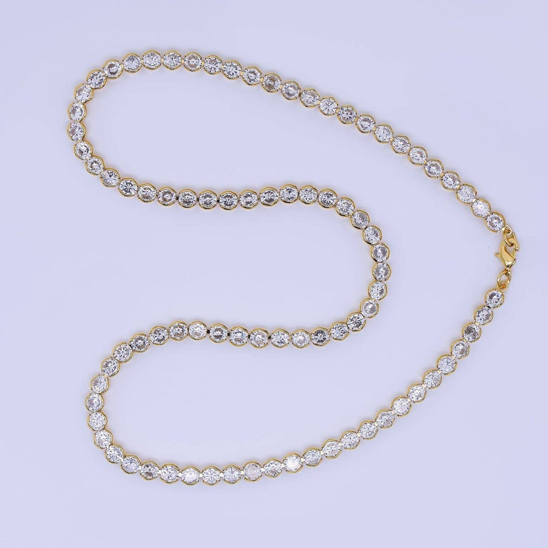 Necklace 16.5 inch-Clear Round Bezel Cubic Zirconia Tennis 24K Gold Filled CZ