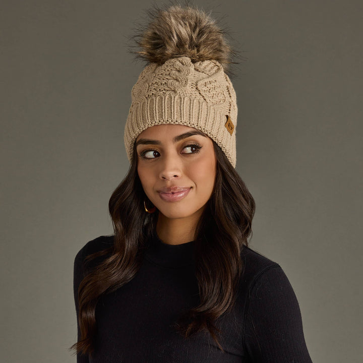 Pom Hat-Taupe Cable Knit