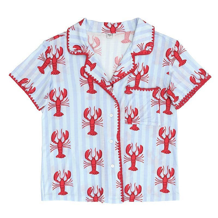 Short Set-Bamboo PJ Set with Whip Stitch - Blue Stripes + Lobsters