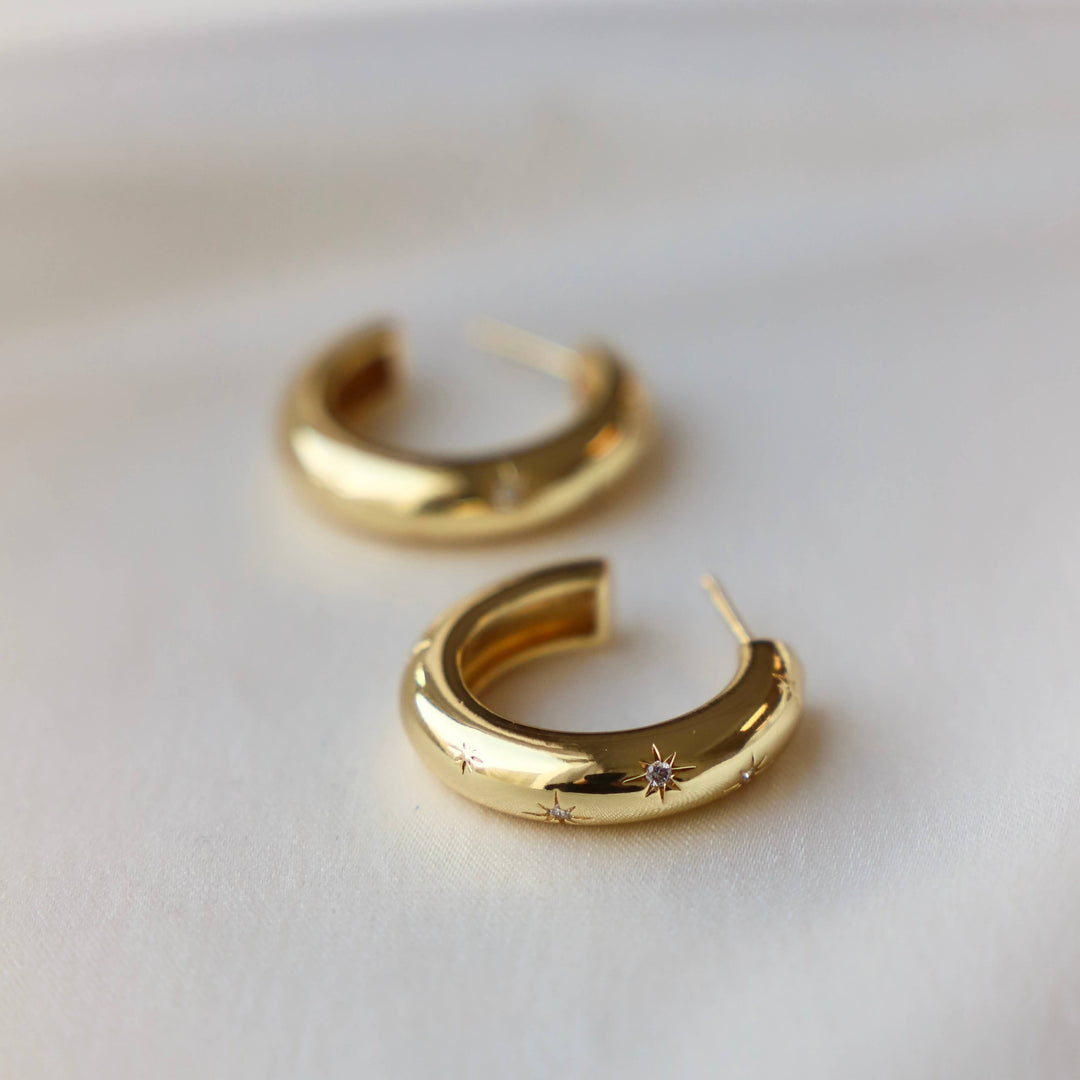 E1550G Gold Earrings-Meredith CZ Star Thick Hoops