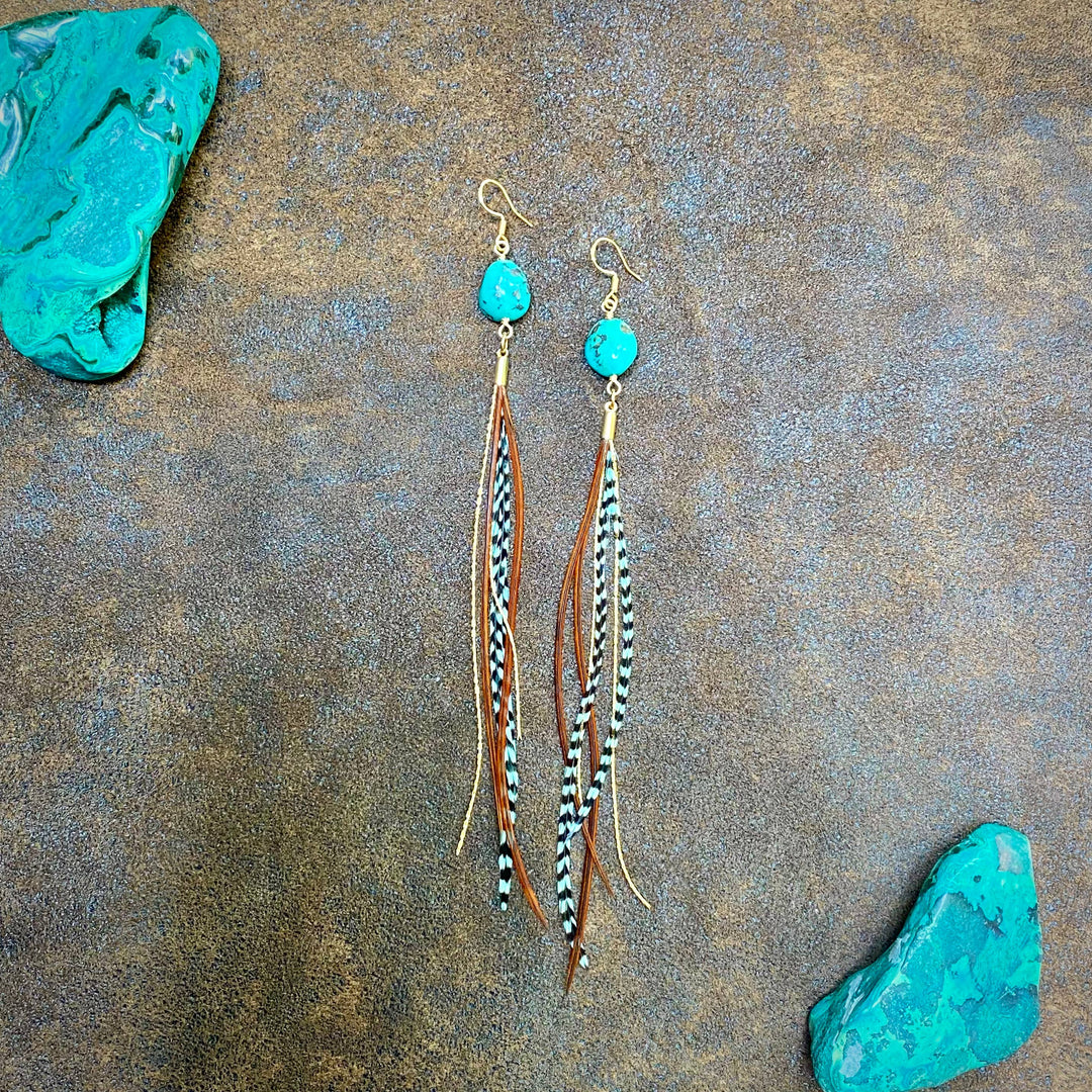 Astali Earrings-Turquoise & Mini Feather-Teal Grizzly & Fawn/Gold