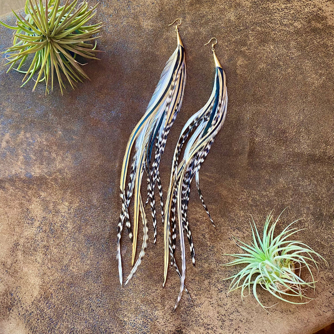 Earrings-FREEBIRDS COLLECTION: Cone Feather-Golden Black Grizzly