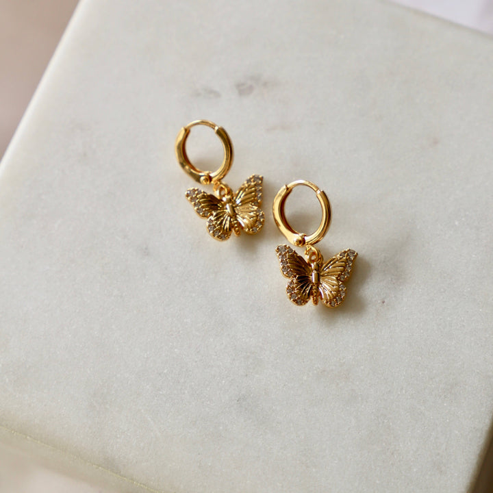 E1428G Gold Earrings-Butterfly Huggie Hoops