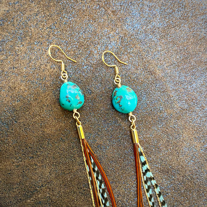 Astali Earrings-Turquoise & Mini Feather-Teal Grizzly & Fawn/Gold