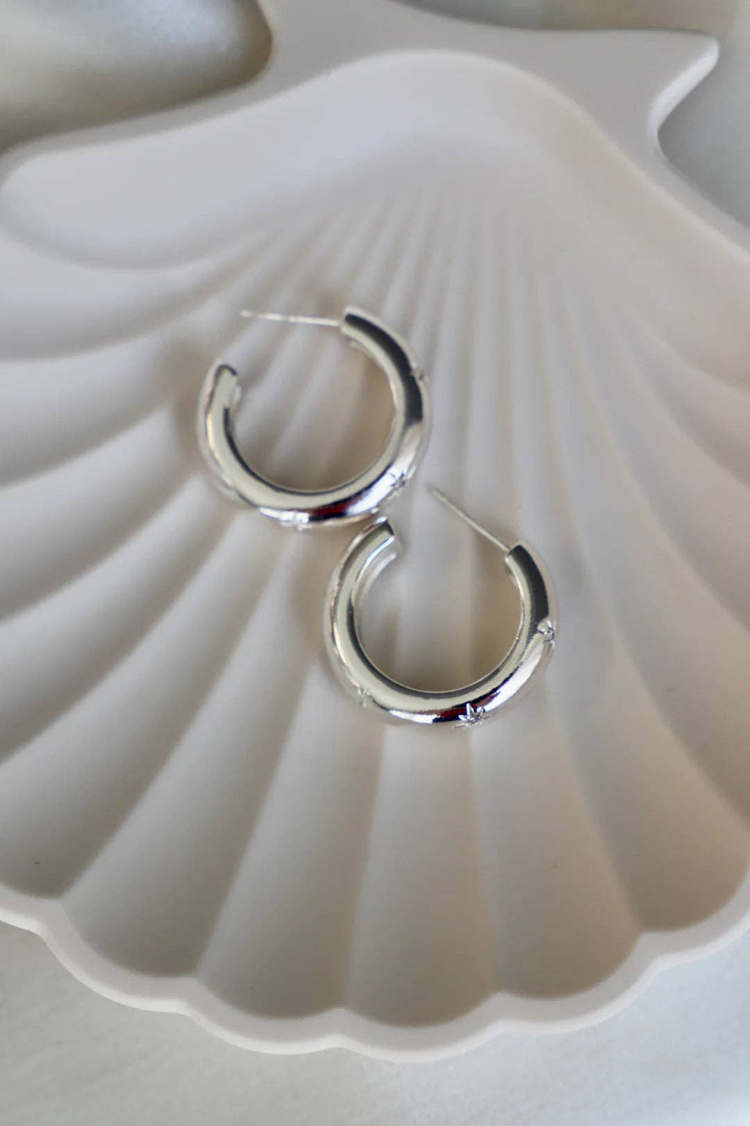 E1550S Silver Earrings-Meredith CZ Thick Hoops