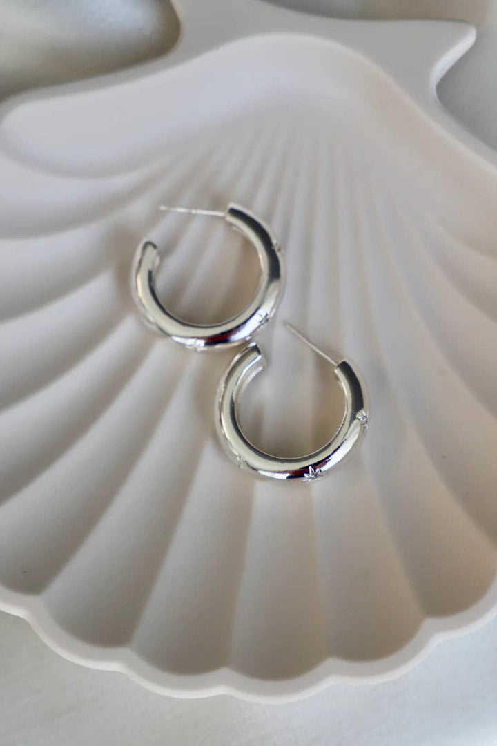 E1550S Silver Earrings-Meredith CZ Thick Hoops