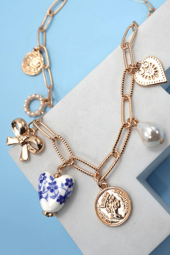 Necklace-Ceramic Porcelain Bow Heart Charm Link