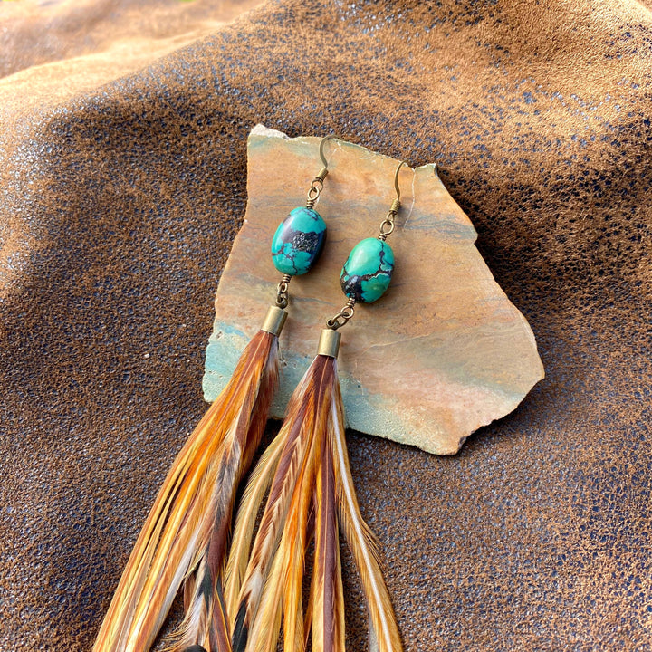 Earrings-FREEBIRDS COLLECTION: Turquoise & Feather-Natural Mix
