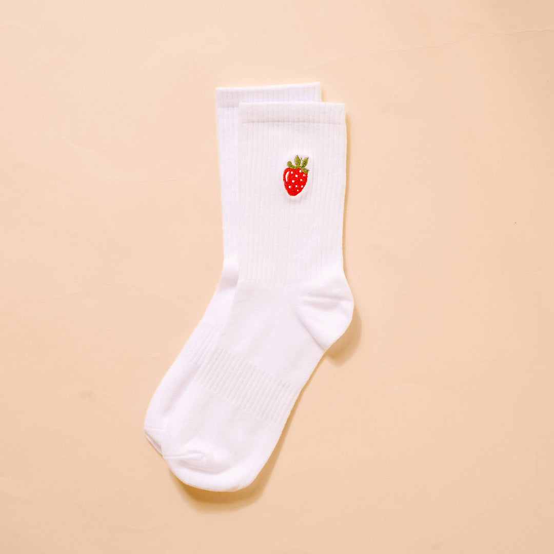 Embroidered Crew Socks-Strawberry