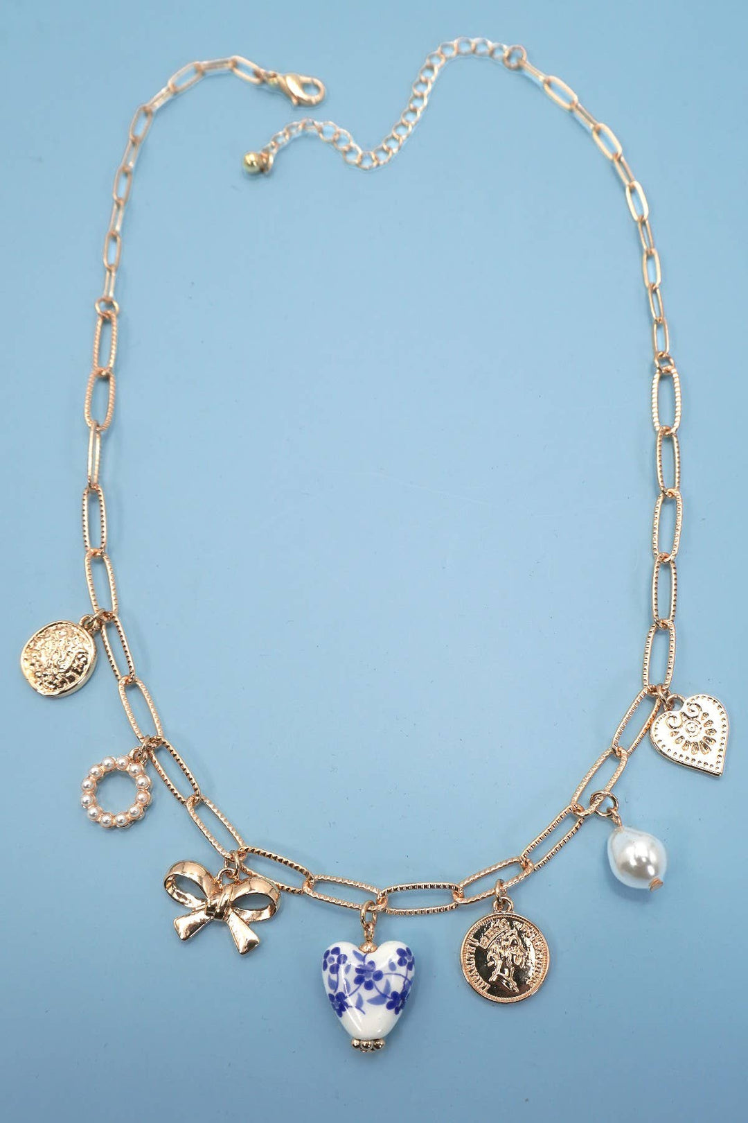 Necklace-Ceramic Porcelain Bow Heart Charm Link