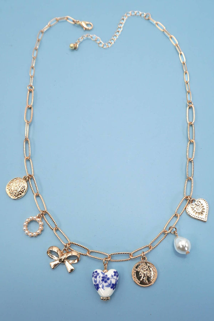 Necklace-Ceramic Porcelain Bow Heart Charm Link