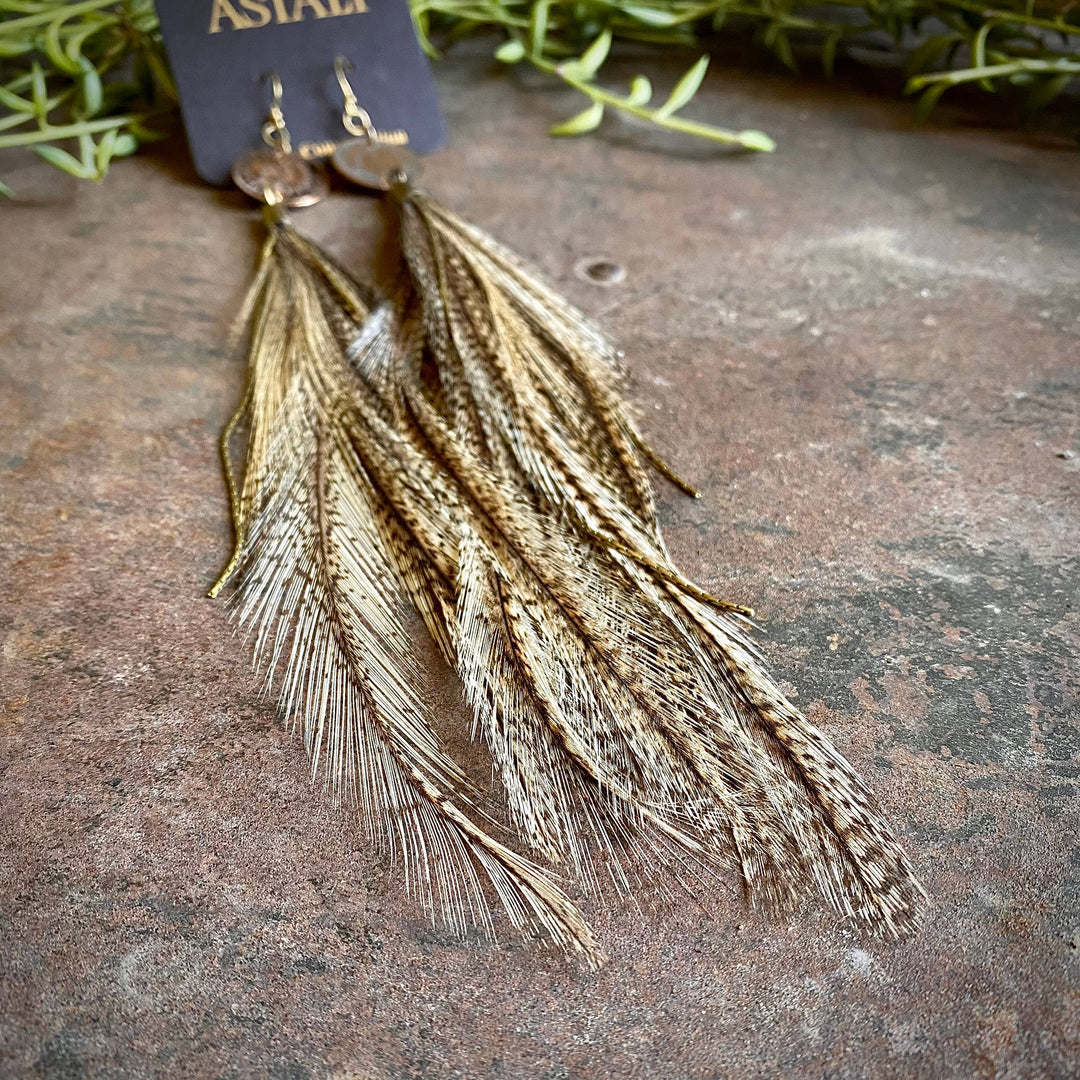 Earrings-Indian Cent & Long Feather-Coq de Leon, Western
