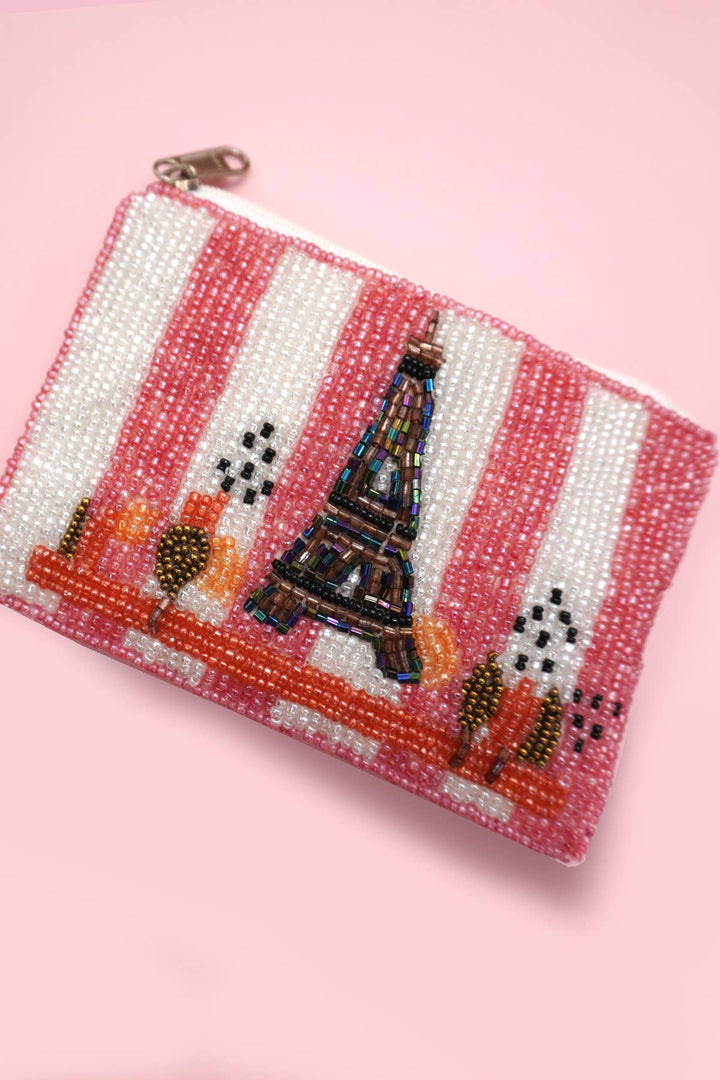 Seed Bead Coin Purse-London Bus Flower Paris