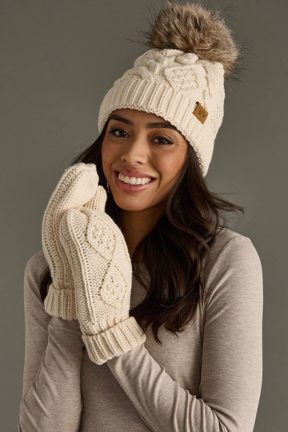 Pom Hat-Beige Cable Knit