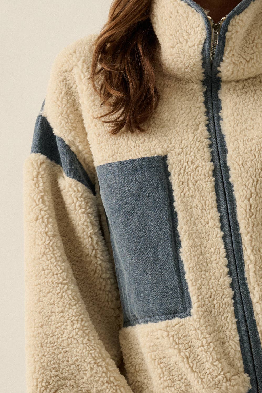 Sherpa Fleece and Denim Zip-Up Pocket Jacket