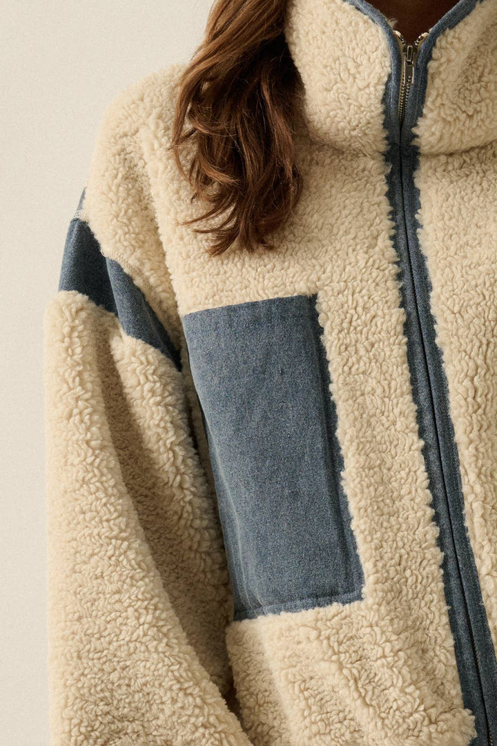 Sherpa Fleece and Denim Zip-Up Pocket Jacket