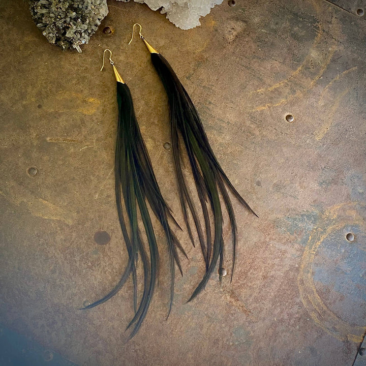 Earrings-Long Feather & Cone-Black/Gold, Boho Western