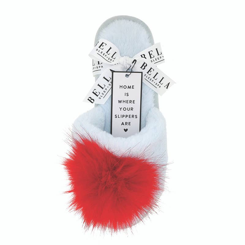 Plush Pom Pom Slippers - Light Blue + Red Pom Pom