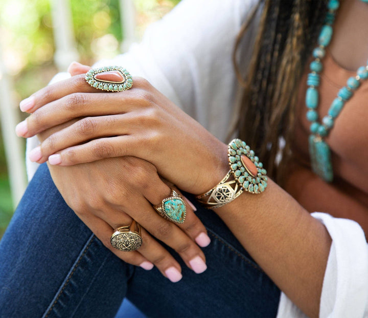 Ring-Sedona Blue Turquoise Orange Goldstone Golden Statement