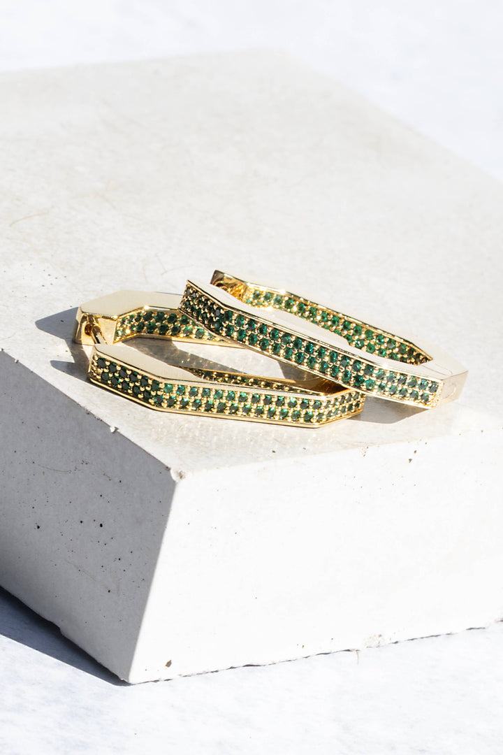 Earrings-Octavia Hoops Emerald Green + Gold