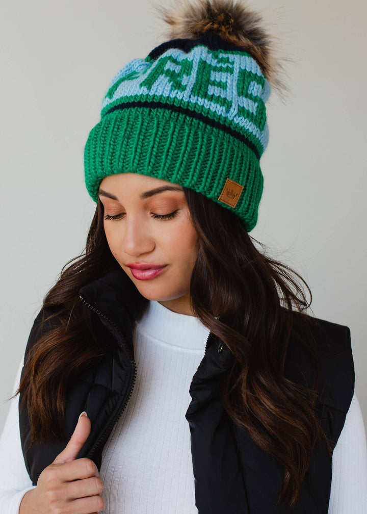 Pom Hat-Green, Lt. Blue & Navy Apres