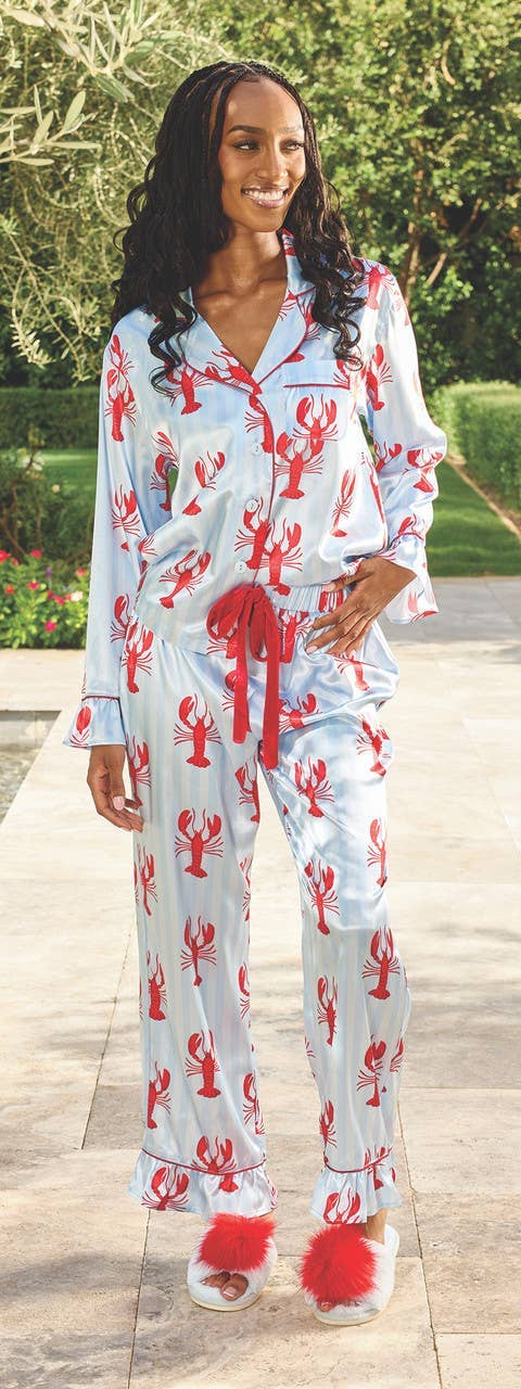 Long Set-Ruffled PJ Set with Velvet Tie - Blue Stripes + Lobsters