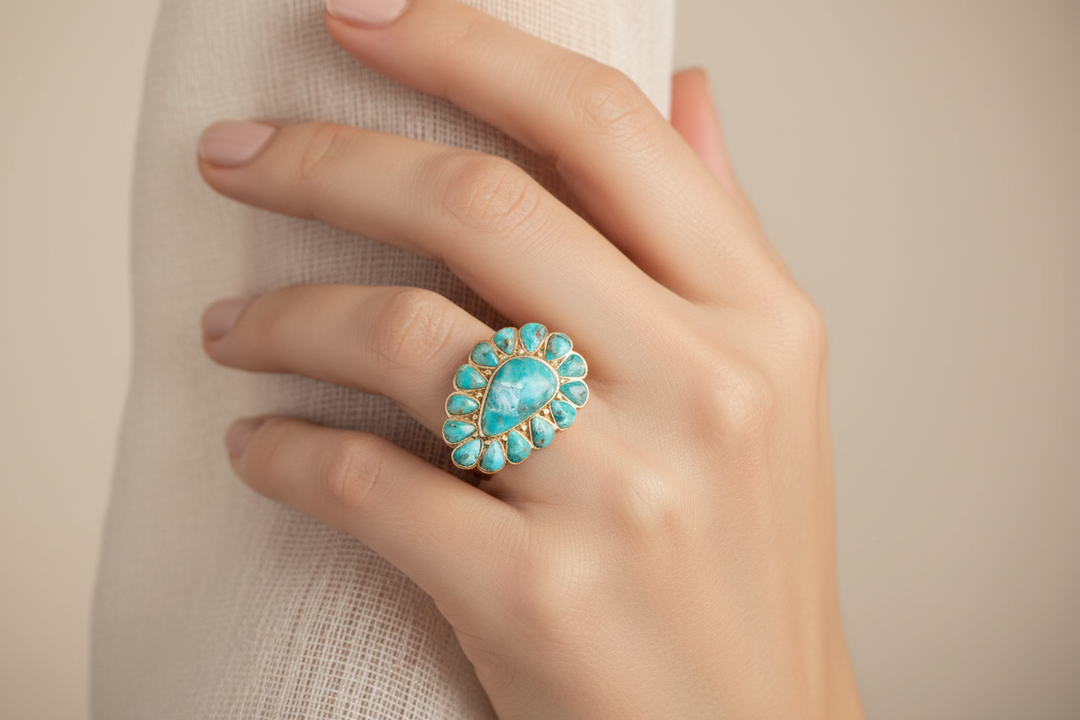 Ring-Durango Blue Turquoise Golden Statement
