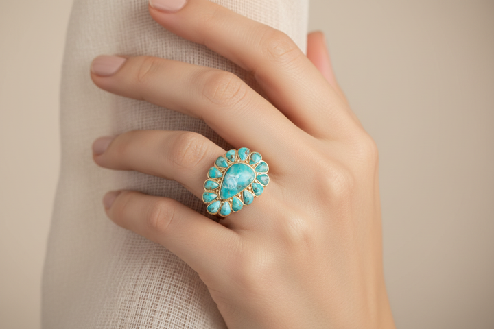 Ring-Durango Blue Turquoise Golden Statement