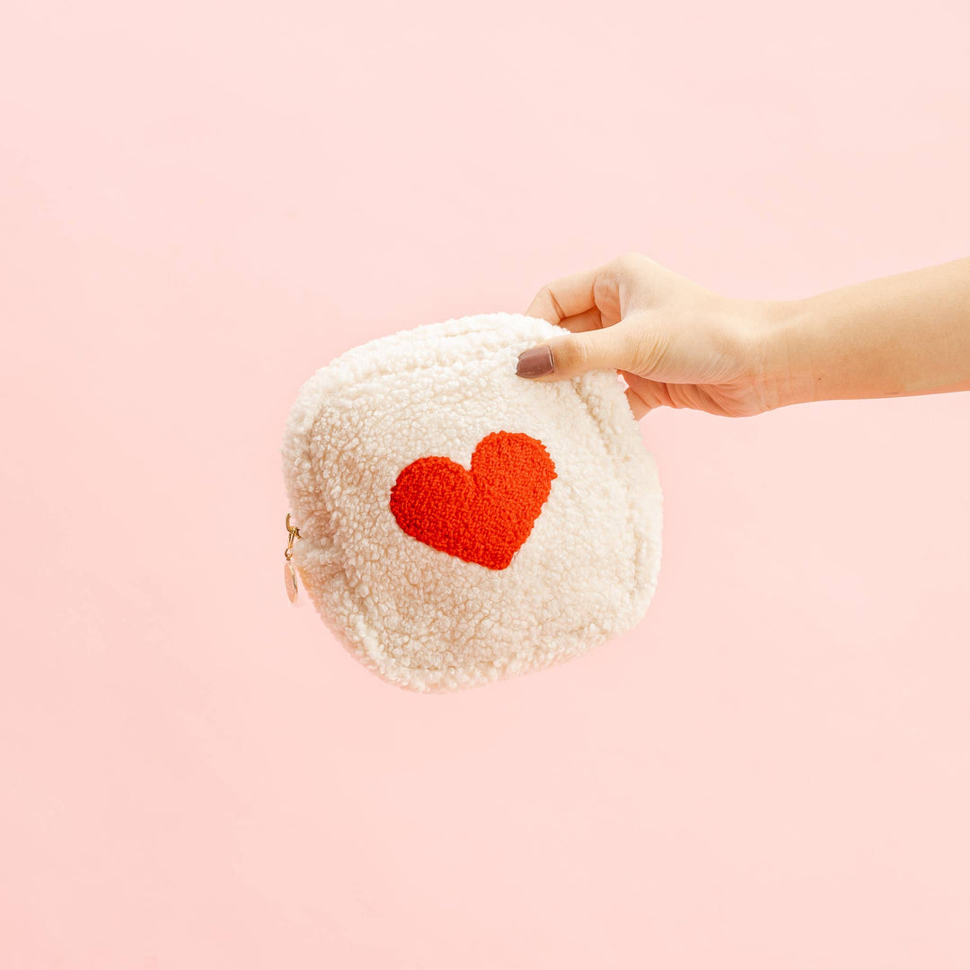 Square Teddy Pouch-Cream with Red Heart