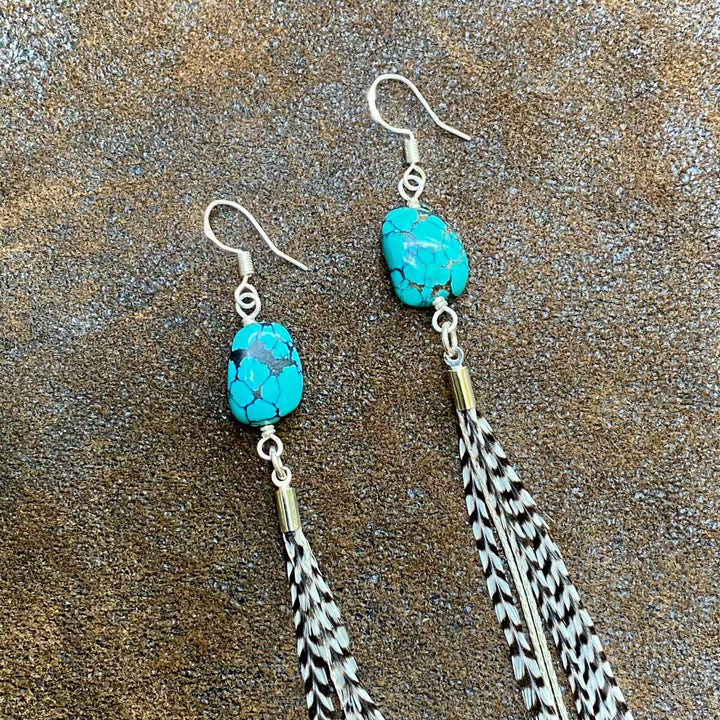 Astali Earrings-Turquoise & Mini Feather-Grizzly/Silver, Western