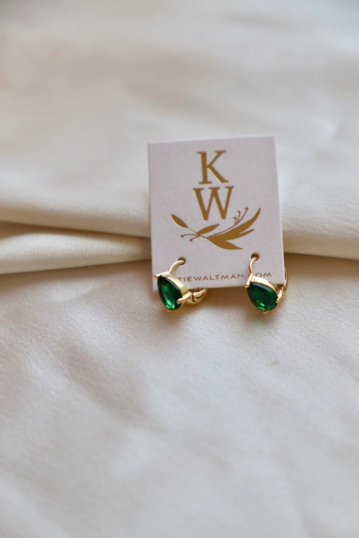 DISCONTINUED E1623EMG Gold Crystal Teardrop Huggies-Emerald