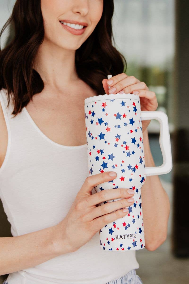 Drink Tumbler w/ Handle 38oz-Red, White, Blue Stars