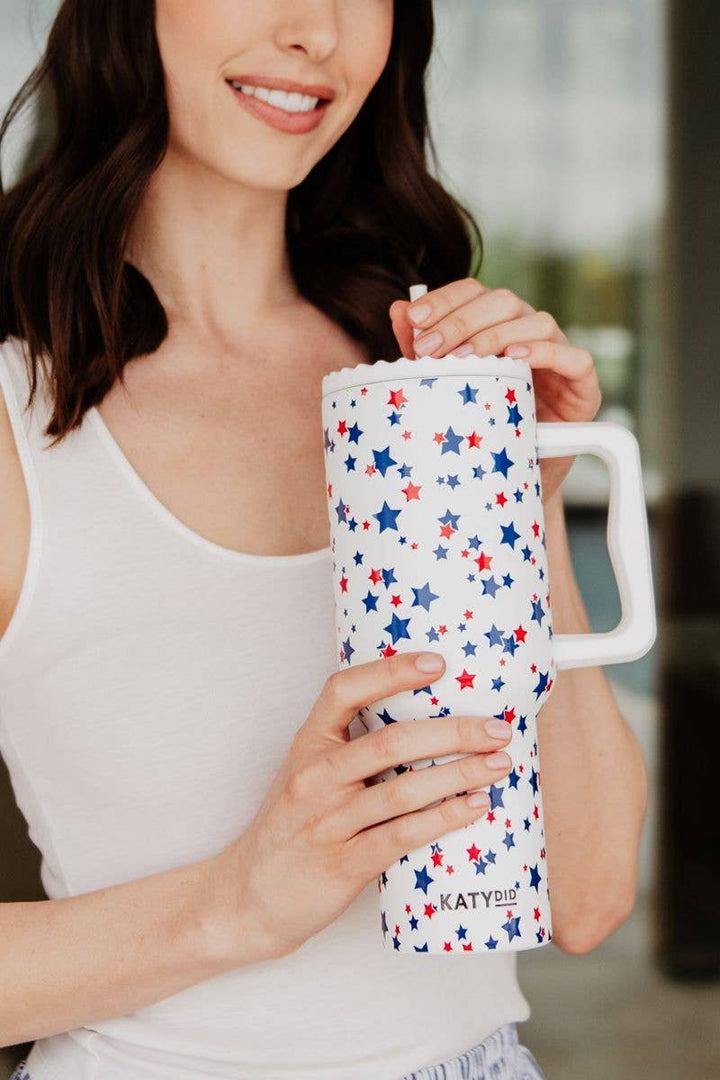 Drink Tumbler w/ Handle 38oz-Red, White, Blue Stars