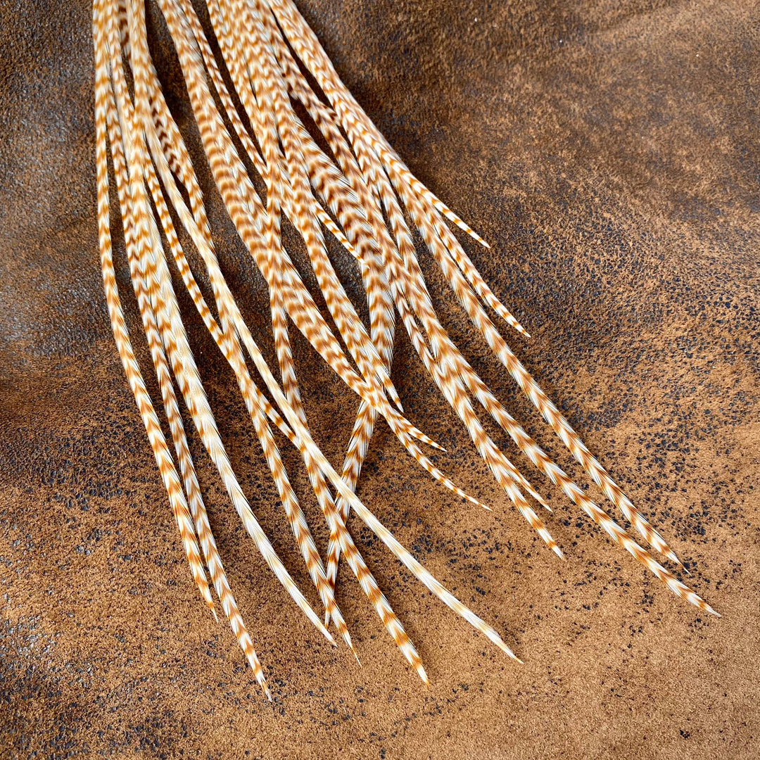 Earrings-Long Feather & Cone-Ginger Grizzly/Gold, Western