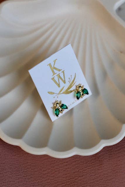 E1702G- Gold Earrings-Emerald Bee Studs