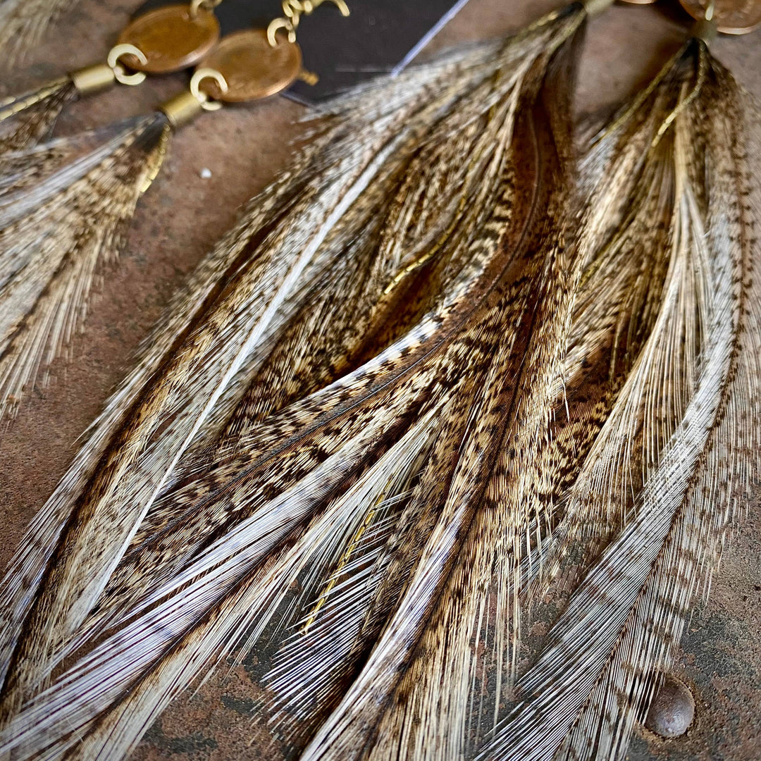 Earrings-Indian Cent & Long Feather-Coq de Leon, Western