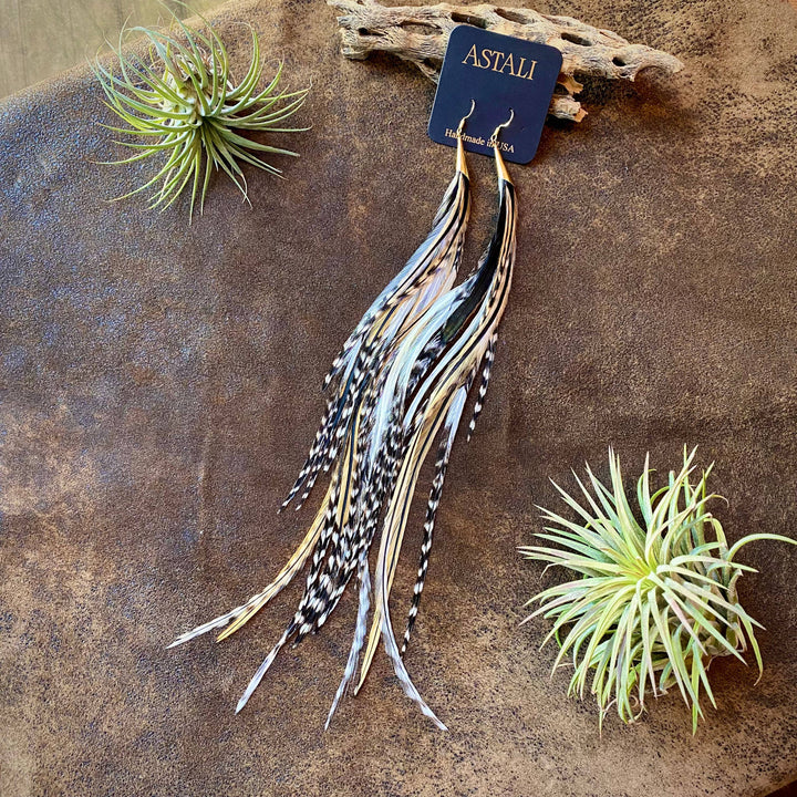 Earrings-FREEBIRDS COLLECTION: Cone Feather-Golden Black Grizzly